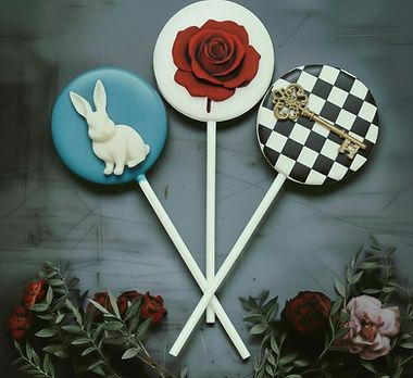 white flat cake pop with dark red rose s